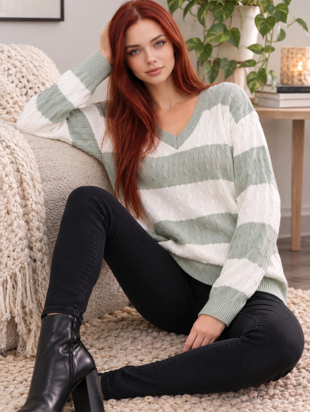 John Galt Brandy Melville Nikki Cable Knit Striped Sweater Sage One Size CC